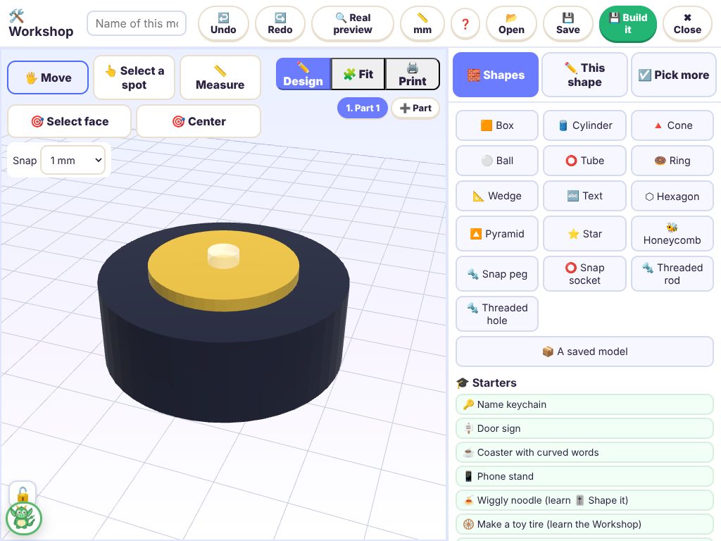 KidCAD on an iPad: a toy tire with a gold rim in the Workshop